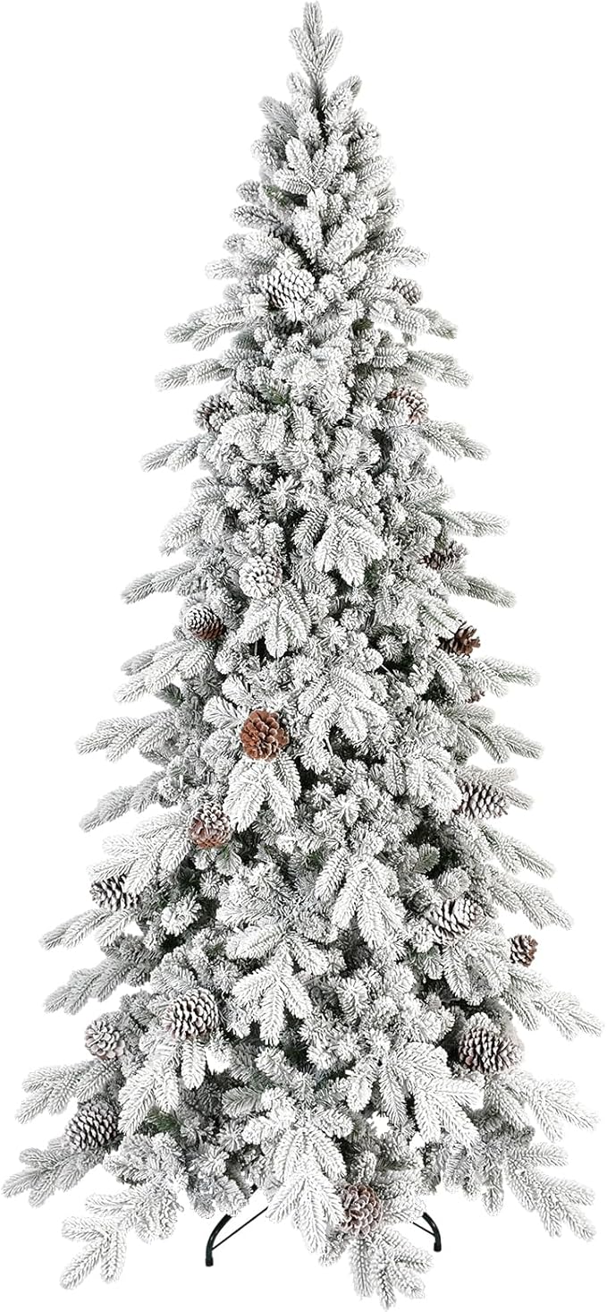 9 FT Snow Flocked Slim Fir Christmas Tree with 2138 PE & PVC Mixed Branch Tips,Unlit Artificial Skinny Pencil Xmas Tree with 52 Pine Cones,Hinged Premium Xmas Trees for Home,Office,Party Decoration