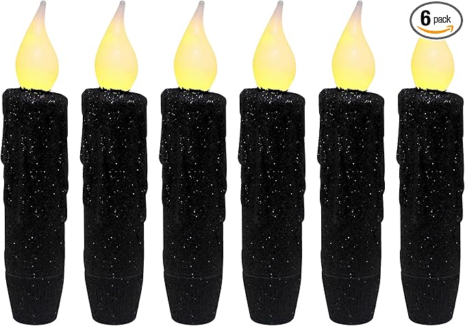 CVHOMEDECO. Glitter Flameless Candles Flickering Battery Operated LED Taper Candles with Timer for Home, Wedding, Halloween, Christmas Decor. Black, 4-3/4 Inch, Set of 6