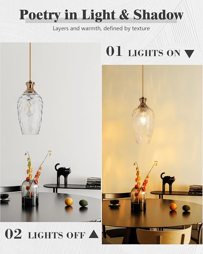 2 Pack Farmhouse Pendant Lights, Modern Hanging Ceiling Lights with Hammered Glass in Brushed Brass Gold for Dining Room Kitchen Island Over Table