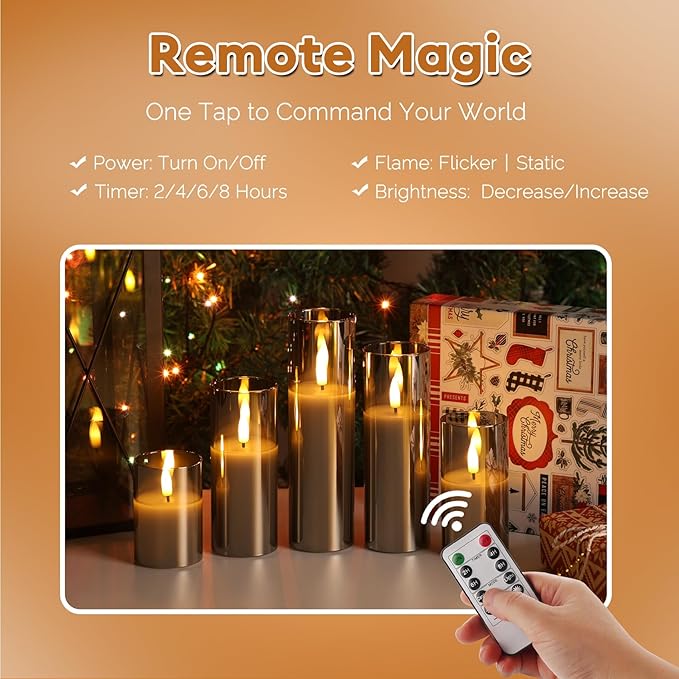 Grey Glass Flameless Candles with Remote Batteries, Flickering Slim Christmas LED Pillar Candles Set of 5