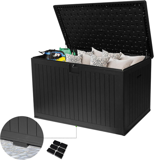 200 Gallon Outdoor Storage Box Waterproof, Extra Large Plastic Outside Deck Box Weatherproof, Resin Patio Storage Bin with Lock and Lids for Patio Cushions, Black
