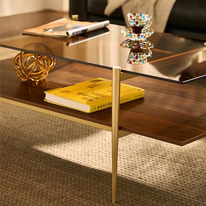 Saint Mossi Tadio X-Large Glass Coffee Table, Double Layer Glass Coffee Table for Living Room, Brown Glass & Coffee Brown MDF Bottom Shelf