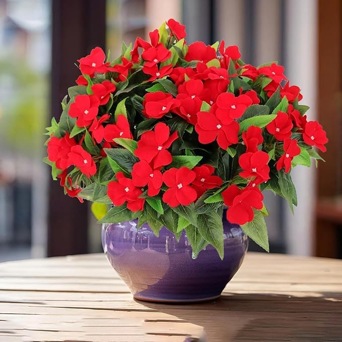 5PCS Artificial Impatiens Bouquet Flowers for Outdoors Silk Faux Flowers for Outdoor Fake Planters UV Resistant Spring Summer Indoor Decor Garden Porch Patio Window Kitchen Balcony, Red