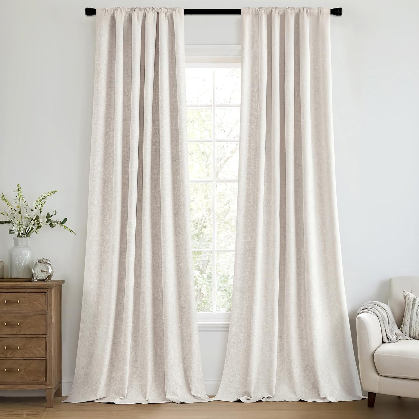 MIULEE 100% Blackout Curtains 120 Inch Long 2 Panels for Bedroom, Thick Luxury Faux Linen Black Out Curtain Room Darkening Back Tab Pleat Window Textured Drapes with Hooks for Living Room, Ivory