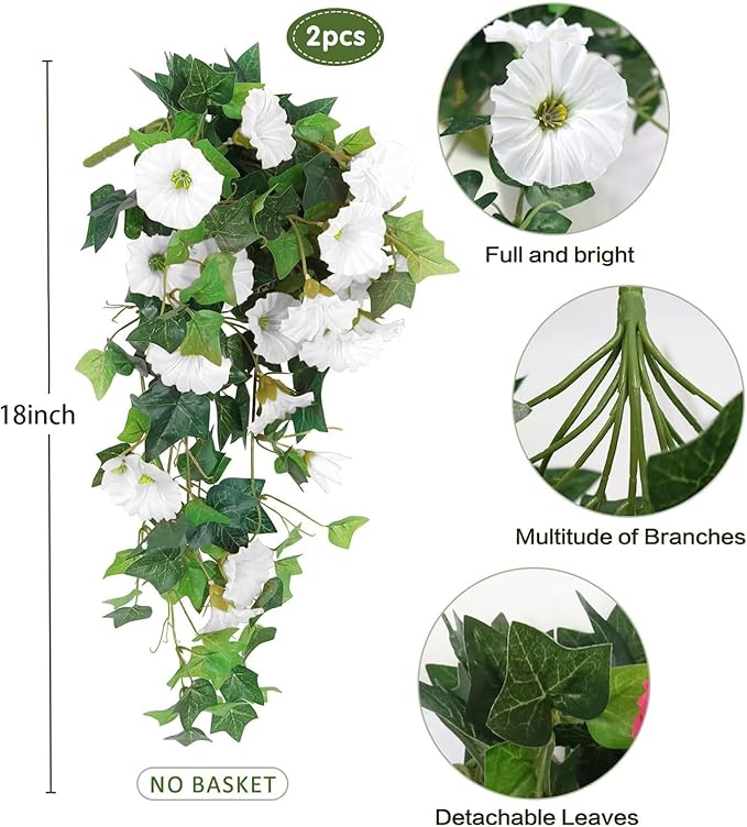 RECUTMS Artificial Fake Hanging Flowers Plants for Outdoor Decoration, 2 Pcs UV Resistant Faux Petunias Trailing Plants Realistic Flower Look Real for Door Wall Yard Porch Garden Planter (White)