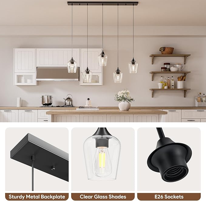 VONLUCE Pendant Lights Kitchen Island, Brushed Nickel Pendant Light Fixtures with E26 Base & Adjustable Cable, Modern Pendant Lighting with Glass Shade for Living Room Bedroom Hallway, 4 Packs