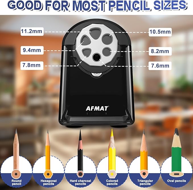 AFMAT PSX2 Electric Pencil Sharpener for Classroom, 6 Holes, Heavy Duty Pencil Sharpeners for Home, Pencil Sharpener Plug in for 6-11mm Pencils, Auto Stop, Super Fast, Save Pencils, Black