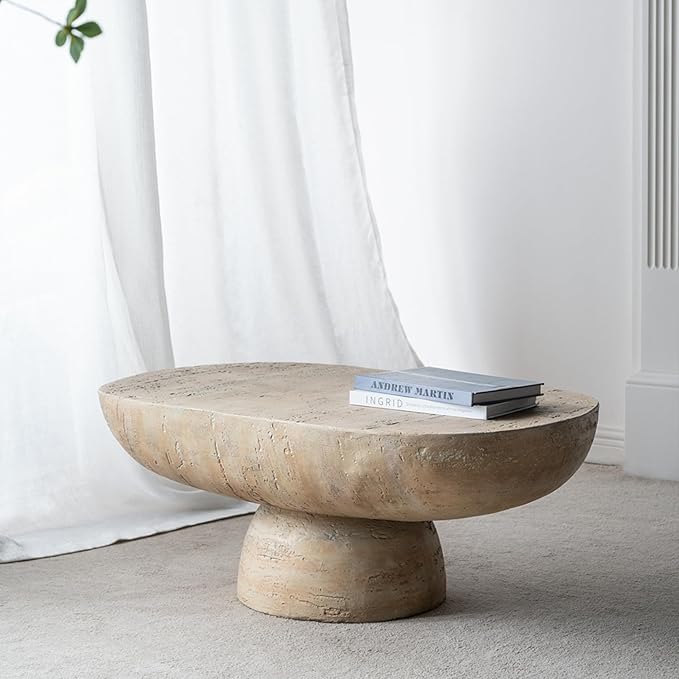Oval Coffee Table Modern Faux Stone Circle Center Table Accent End Side Table for Living Room, Magnesium Oxide, 36" Cream