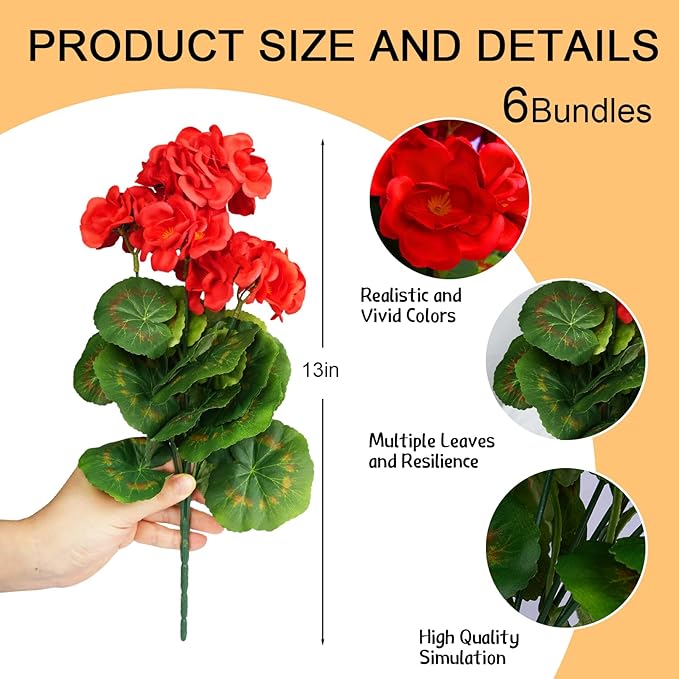 6 Bundles Artificial Flowers for Outdoors, Faux Geraniums Realistic Red Christmas Flowers, Faux Plants Outdoor UV Resistant for Garden Patio Porch Window Box Home Indoor Outdoor Decor (6, Red)