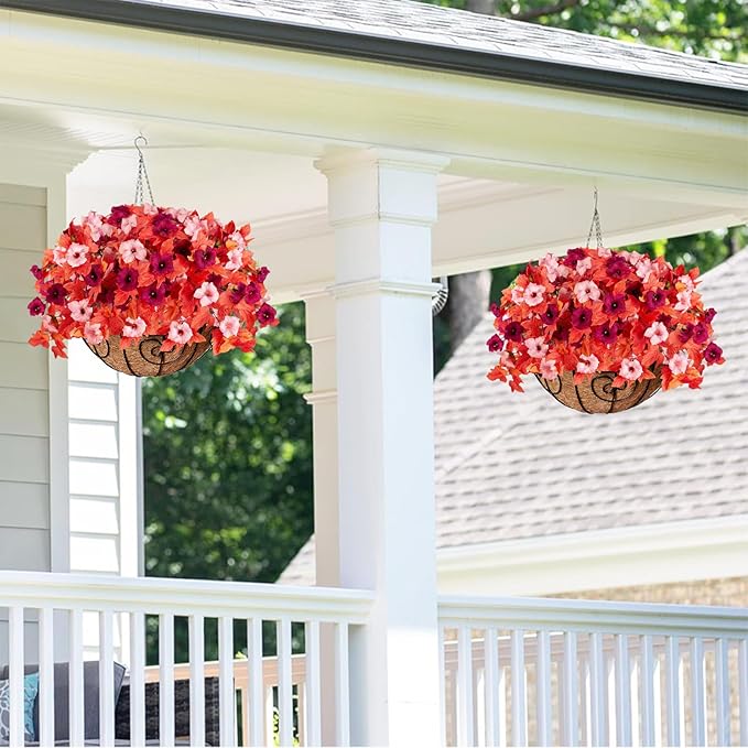 Artificial Fall Fake Flowers Plants for Outdoor Decoration 2PCS No Fade Faux Petunias UV Resistant Realistic Autumn Silk Flowers for Home Garden Balcony Yard Porch Deco (Dark Red)