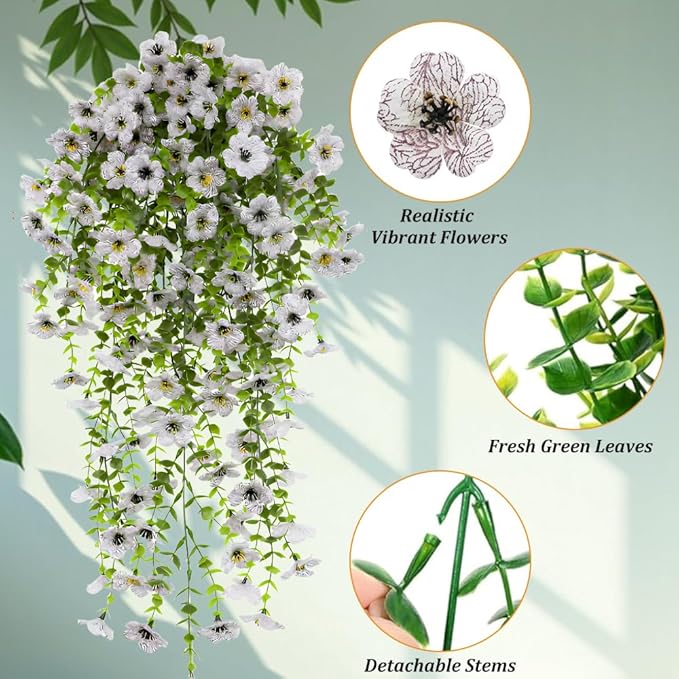 EROCK Artificial Flowers for Outdoors, 4PCS Fake Silk Hanging Flowers for Decoration UV & Fading Resistant, Realistic Faux Plants & Flowers for Porch Patio Balcony Window Box Home Decor (White)