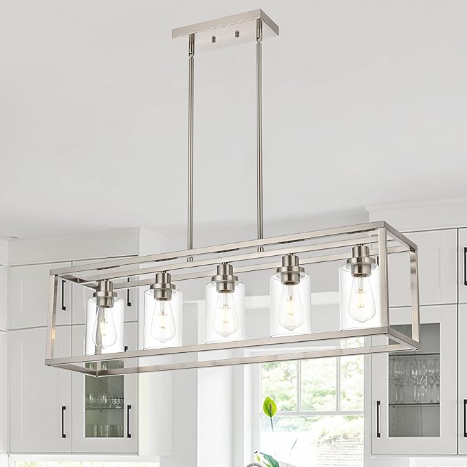 MELUCEE 5-Light Dining Room Lighting Fixture Hanging Brushed Nickel Modern Pendant Lighting Contemporary Chandeliers with Clear Glass Shade for Kitchen Island Living Room Bedroom