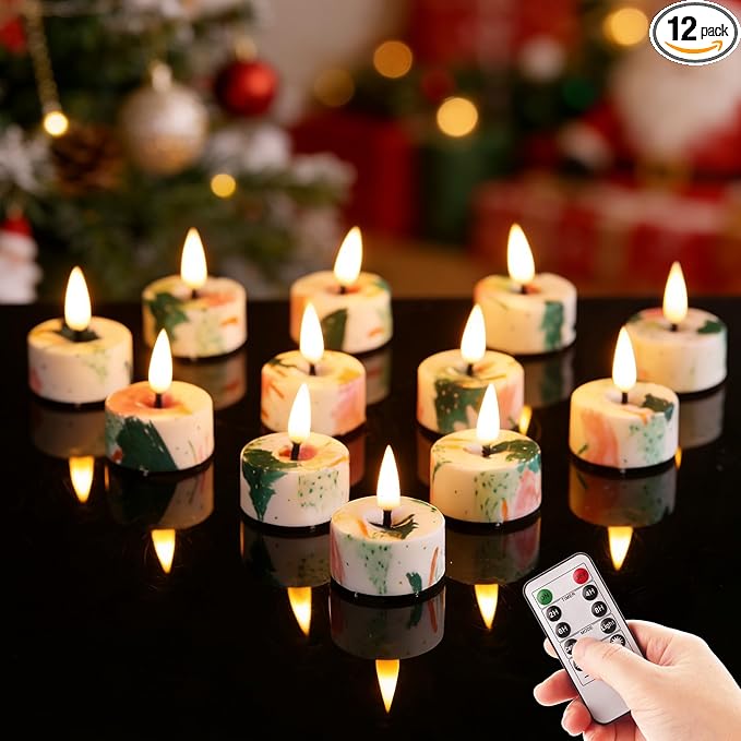 Eywamage Christmas Flameless Tealights with Remote Batteries, Realistic Flickering Xmas LED Tea Votive Candles Holiday Decor Set of 12