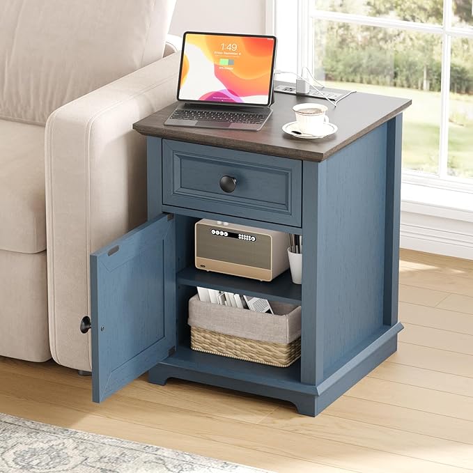 24" Tall End Table with Fast Charging Station, Square Side Table with Drawer & Large Storage Cabinet, Vintage Wooden Table for Living Room/Bedroom, Blue