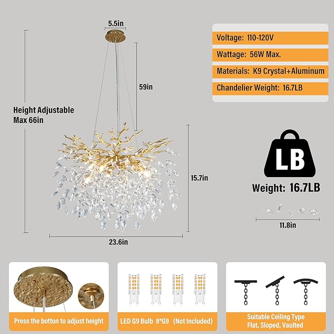 YUYI 23.6" Modern Gold Tree Branch Crystal Chandelier, 8-Light Round Raindrop Pendant Lighting for Dining Room Living Room Bedroom Kitchen Foyer Entryway, Luxury K9 Crystal Statement Light Fixture