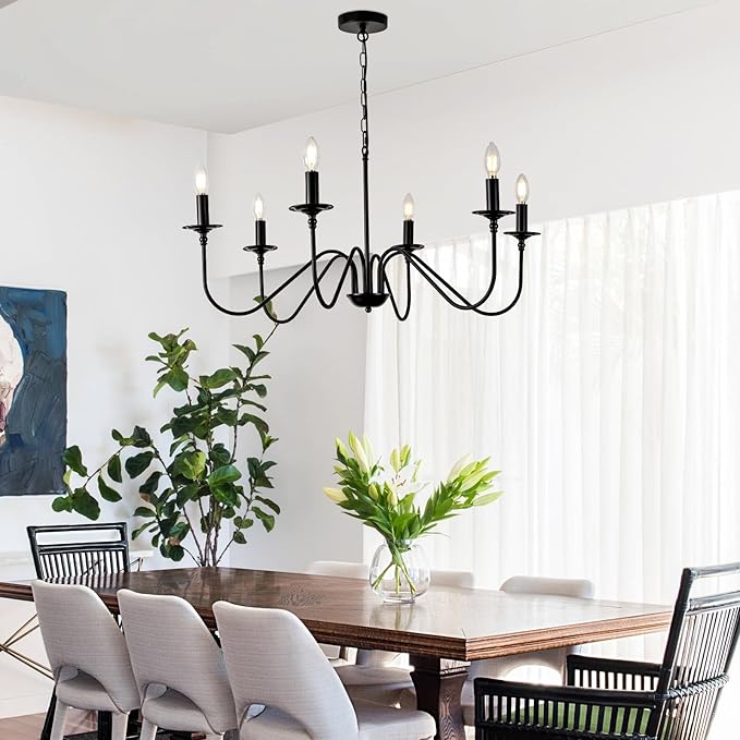 Black Farmhouse Chandeliers, 6 Light S-Arm Modern Candle Hanging Pendant Light, Industrial Rustic Metal Ceiling Kitchen Island Light for Living Room, Entryway, Foyer, Bedroom, Dining Room