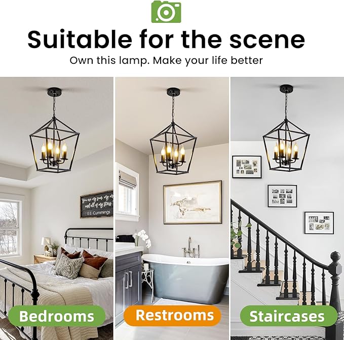 Black Farmhouse Chandelier, Industrial 4 Light Pendant Light Fixtures, Rustic Metal Lantern Ceiling Hanging Light for Entryway, Foyer, Kitchen Island, Dining Room, Hallway, Bedroom
