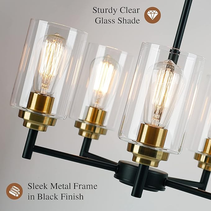 Sucolite 19.8'' 5-Light Chandelier for Dining Room Kitchen Island, Modern Farmhouse Pendant Lighting with Glass Shades Industrial Black Hanging Ceiling Light Fixture for Living Room, Height Adjustable