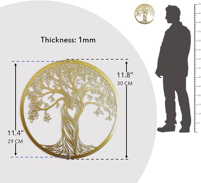Metal Wall Decor, Tree Art Wall Sculpture, Metal Wall Art Hanging for Living Room Bedroom Indoor Outdoor, Laser Cut Rustic Black Tree of Life, 12 Inches (30 CM) (Gold, Small)
