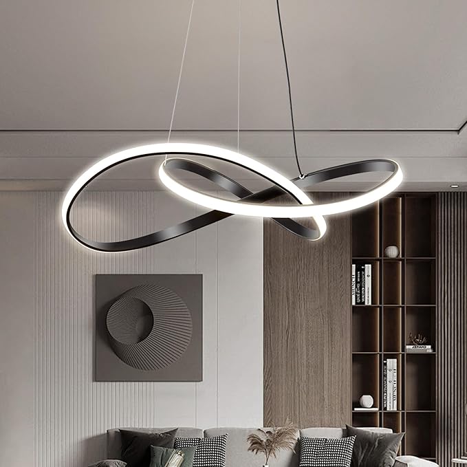 Viruhaka Modern LED Pendant Light Fixture，Black Contemporary Ceiling Hanging Fixture with Irregular Ring Lights for Dining Living Room Bedroom Kitchen Island Cafe（4000K，Neutral Light ）