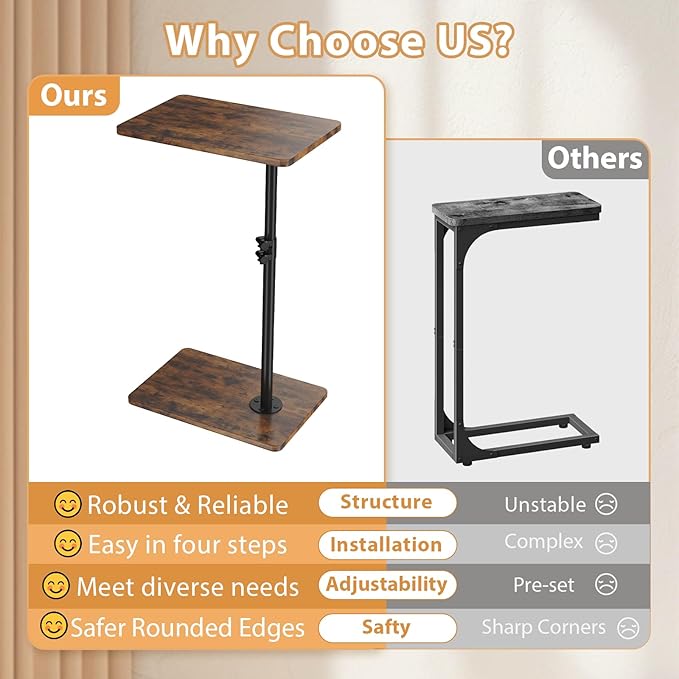 TV Tray Table, Adjustable C Shaped End Table for Couch, 360°Swivel Couch Side Table C Table That Slide Under Couch Desk for Small Space Sofa Bed Snack Living Room Bedroom(Rustic)