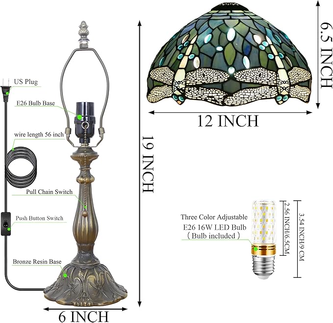 Tiffany Lamp Stained Glass Table Lamp Antique Bedside Reading Light W12H19 Inches (Sea Blue Dragonfly)