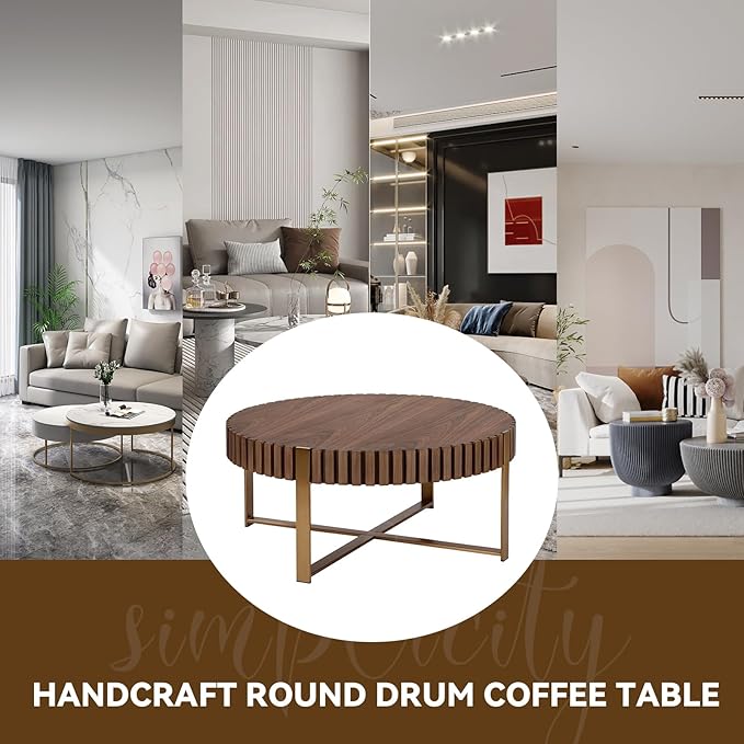 LKTART 31.5'' Round Coffee Table for Living Room, Solid Wood Handcraft Drum Coffee Table, Wooden Felief Coffee Table, Stainless Steel Legs Sturdy Pedestal Tea Table, Apartment Small Space,Walnut