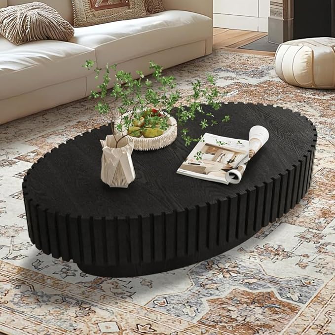 Oval Drum Coffee Table 43.3" Wooden Coffee Tables Modern Handcrafted Fluted Drum Center Table Farmhouse Tea Table with Pedestal for Living Room Small Space,Oval Black 43.3"