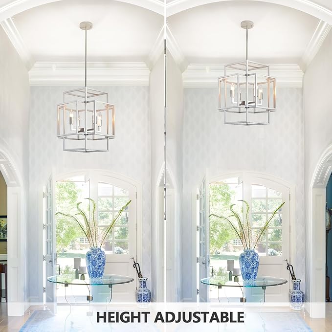 WJShome 4-Light Brushed Nickel Chandelier, Modern Foyer Lighting Fixtures, 16.5" Silver Farmhouse Chandeliers, Hanging Lantern Pendant Lights Kitchen Island, for Living Room, Entryway, Staircase