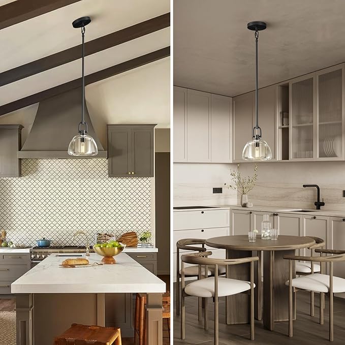 Pendant Light Fixture, 7" Glass Modern Black Pendant Lights Kitchen Island, Hanging Glass Dome Pendant, Black Kitchen Pendant Lighting Over Island, E12 Bulb Included