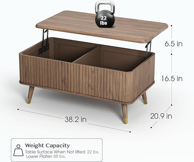 Lift Top Coffee Table with Storage, Mid Century Modern Walnut Fluted Coffee Table, Rectangular Wood Center Table with Rising Desktop & Open Shelf for Work from Home, Living Room, Walnut