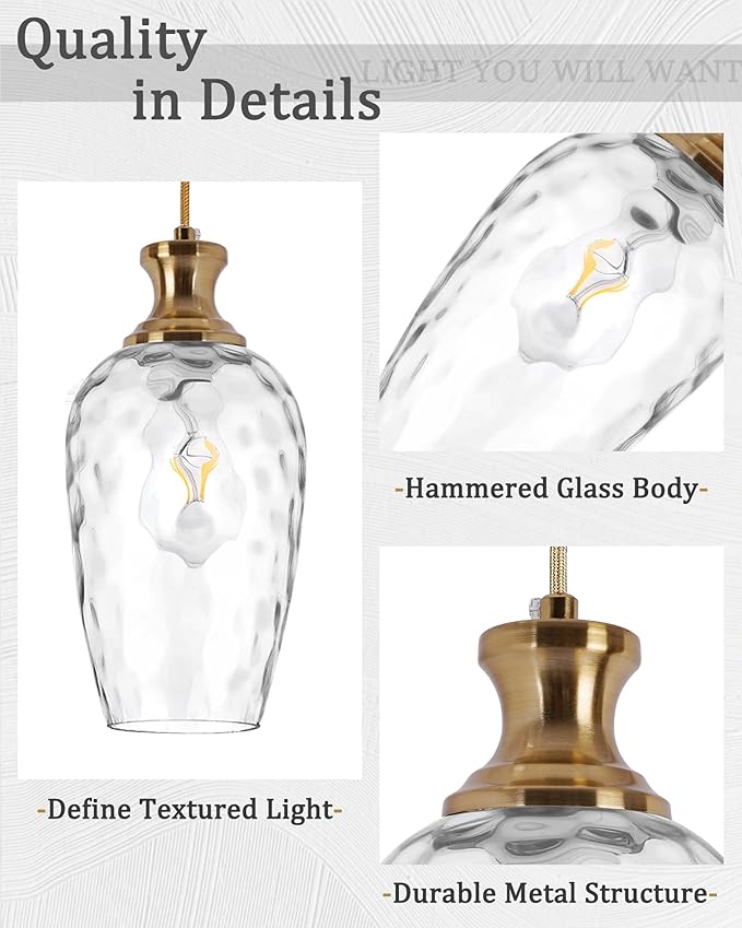 2 Pack Farmhouse Pendant Lights, Modern Hanging Ceiling Lights with Hammered Glass in Brushed Brass Gold for Dining Room Kitchen Island Over Table
