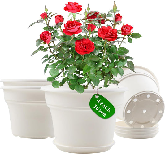16 inch Plastic-Flower-Pot-for-Indoor-Plants, 4 Pack Large Outdoor Planter Pot with Drainage Holes & Saucers, Resin Decorative Garden Pots Planters