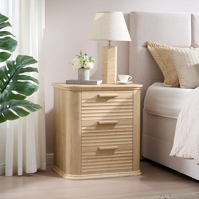 Okvnbjk 22" Wide Fluted Nightstand with Charging Station, Modern End Table for Living Room, Bedroom, Home Office, Wood Curved 3 Drawer Dresser, Large Bedside Tables, Oak
