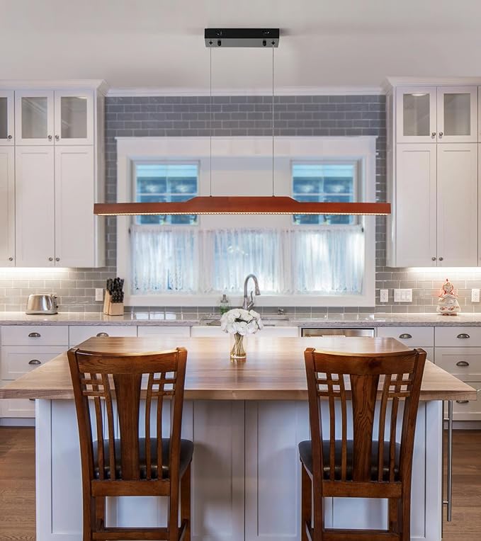 Q&S Linear Chandelier,Wood Pendant Light Fixtures for Dining Room,Modern Dimmable Hanging Led Chandelier with Remote 30W Kitchen Island Light for Bar Pool Office 39"