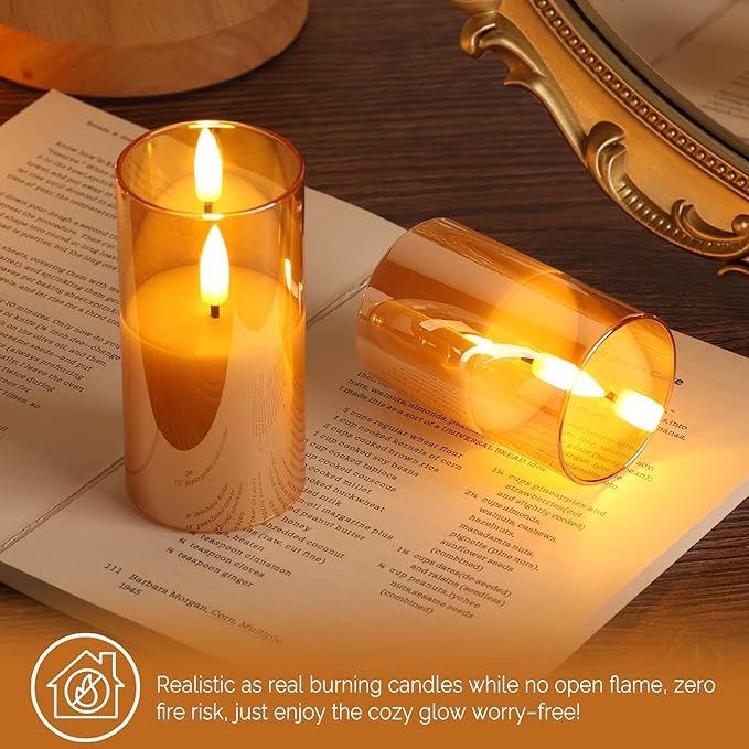 Gold Glass Flameless Candles with Remote Batteries, Flickering Slim LED Pillar Candles Christmas Holiday Decor Set of 5