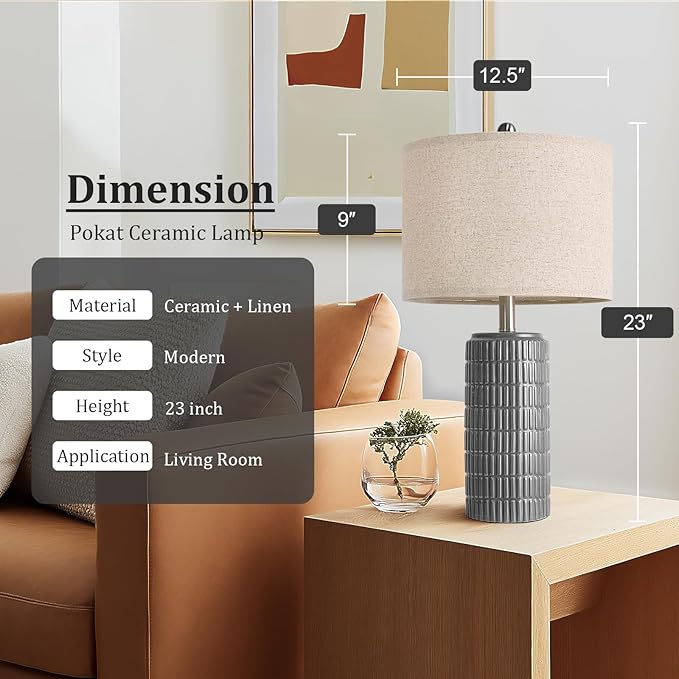 PoKat 23" Ceramic Dark Gray Table Lamps Set of 2 for Living Room, Modern Bedside Lamps for Bedroom, Farmhouse Nightstand Lamp for Home Office Guest Room Sideboard Entryway Decor Gifts