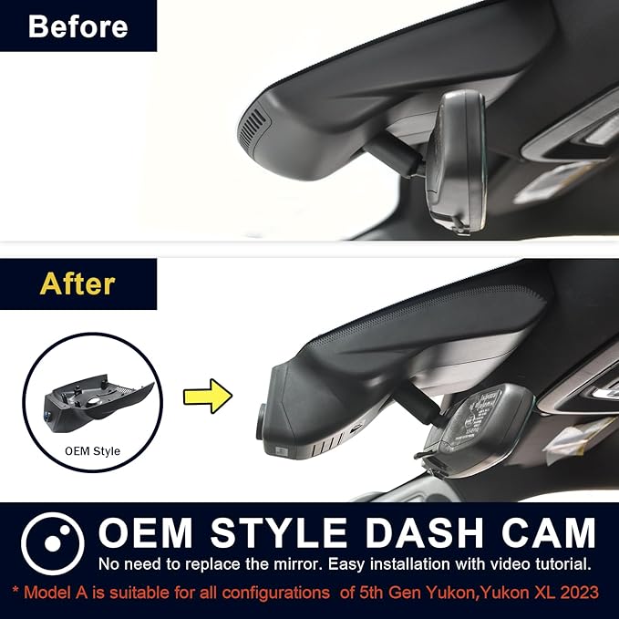 4K Dash Cam Custom fit for GMC Yukon, Yukon XL 2023 2024 2025 (Model A), SLE SLT AT4 Denali Ultimate, Integrated OEM Look, UHD 2160P Video, WiFi & App, G-Sensor, Easy to Install, 64GB Card