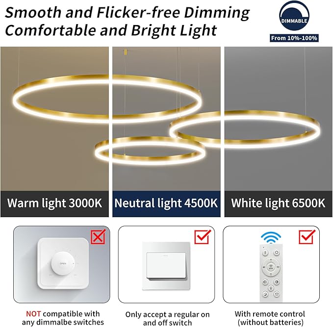 Gold LED Modern Chandelier, 3-Ring Pendant Light Fixture, Dimmable 3000K-6500K, Adjustable Hanging Ceiling Light Over Table for Dining Room, Kitchen Island, Living Room, Bedroom, Entryway