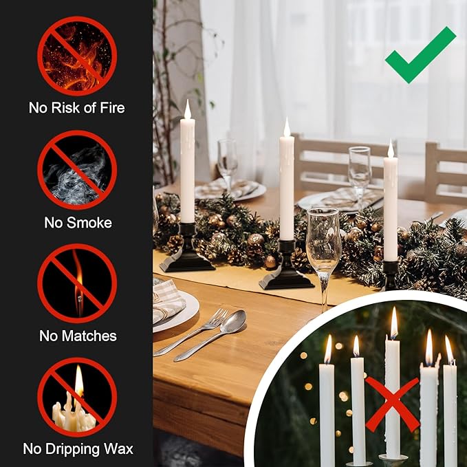 Christmas LED Taper Candles with Remote Timer, White Battery Operated Candle with Black Plastic Base, 9 Inch Tall Flameless CandleSticks for Home Christmas Decorations(4 Pack)