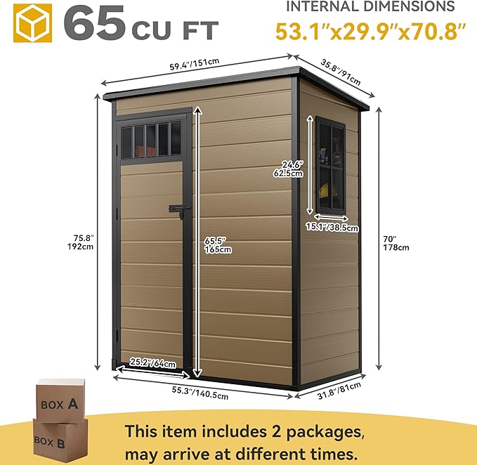 DWVO 5x3FT Outdoor Storage Shed with Fence-Style and Side Windows, Floor, Lockable Doors, Plastic Storage for Backyard and Garden, Brown