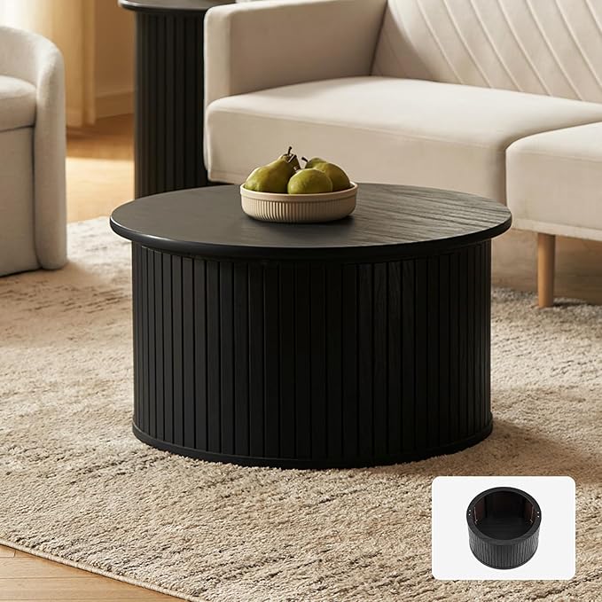 mopio Quin Collection: The Epitome of Mid-Century Modern Furniture. Complete with Rounded Table top Edge, and Tambour Design (Black, Round)