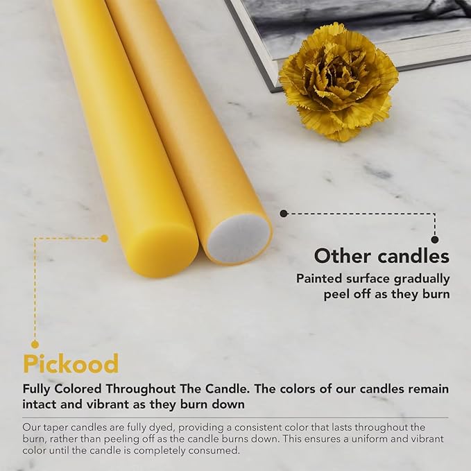 10-Inch Tall Dripless Taper Candles Set of 4 - Mustard Yellow Tapered Candles, Perfect for Spring - Smokeless, Unscented, Long Burning - Hand Poured, Colored Tall Candlesticks - Mustard