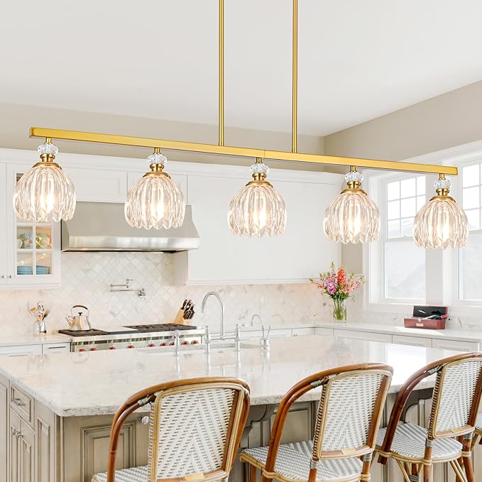 Gold Island Light for Kitchen, 5-Light Linear Chandelier for Kitchen Island with Tulip Glass Shades, Brushed Gold Finish Hanging Light Pendant Fixture Over Dining Table