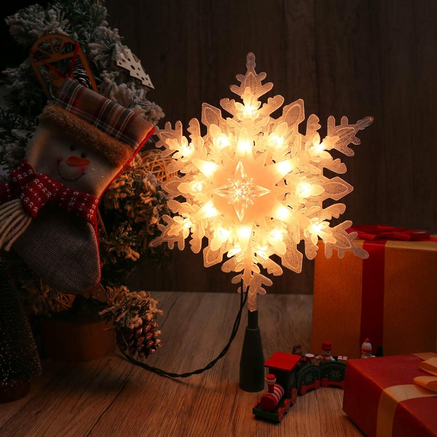 ODEETRONIC Snowflake Tree Topper Lights, 9in 20 Clear Christmas Star Treetop, 120V UL Certified Christmas Lighted Sonwflake Tree Topper, Warm Tree Topper for Xmas Tree Party Decoration