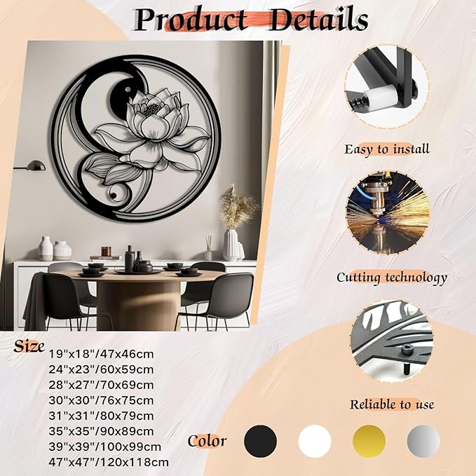 Yin Yang Lotus Flower Metal Wall Art, Metal Lotus Flower Wall Decor, Yin Yang Metal Wall Art, Yoga Sign Wall Art, Metal Wall Art for Living Room, Bedroom, Yoga Studio (Silver, 47"x47"/120x118cm, metal wall art)