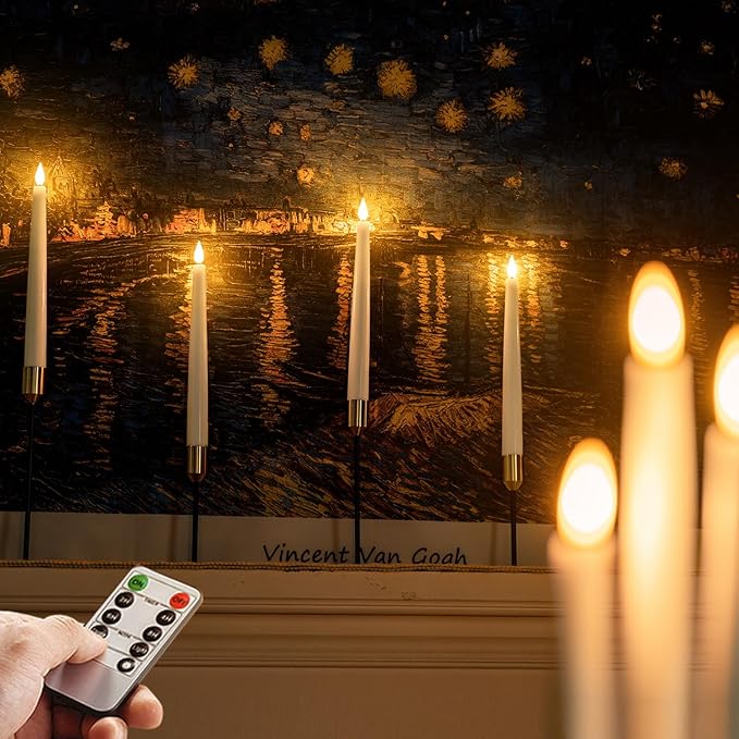 Homemory 2 Pcs Waxy Flameless Taper Candles with Remote, Led Flameless Candlesticks Classic Tall Candle, Flickering Battery Operated Taper Candles for Bedroom, Dining Room, White, 9.6 inches