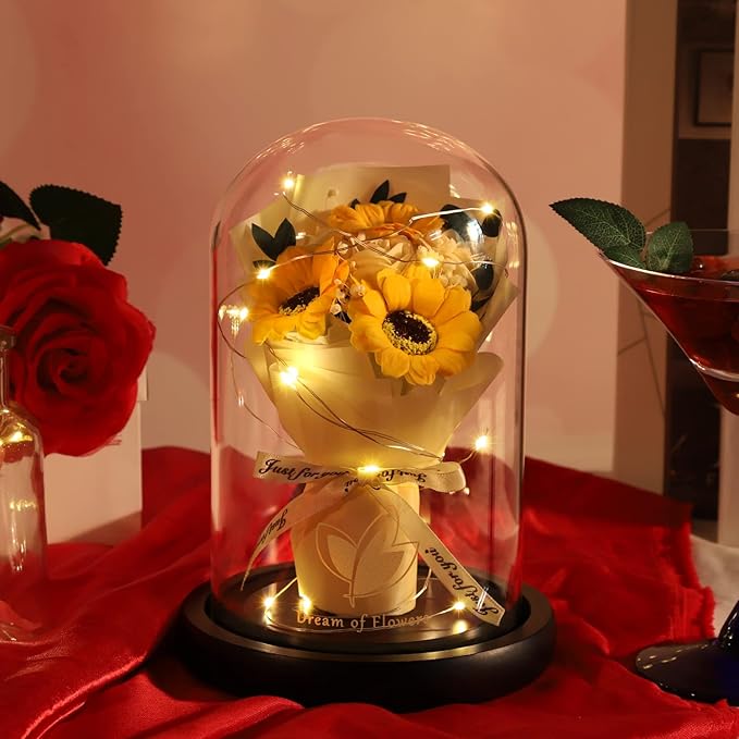 Christmas Sunflower Gifts for Her,Flower Rose in Glass Dome with 2 Lighting Mode,Sunflower Gifts for Mom,Artificial Forever Flowers Xmas Birthday Gifts for Women Mom Wife Girlfriend Sister Friend