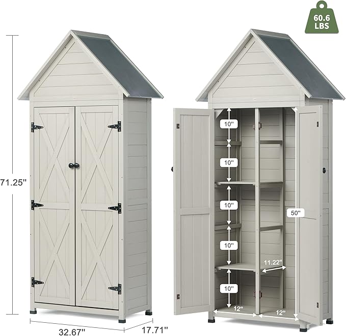 Outdoor Storage Shed with Floor & Adjustable Shelves, Wooden Garden Tool Cabinet Weatherproof, 71" Vertical Patio Organizer