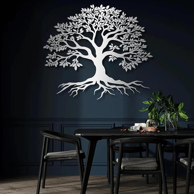 VTHTA Large Tree of Life Metal Wall Art,Tree Wall Sign for Living Room Bedroom Indoor Outdoor Garden Home Decoration (Sliver, 28" Wx24 H/70x61cm, Metal Wall Art)